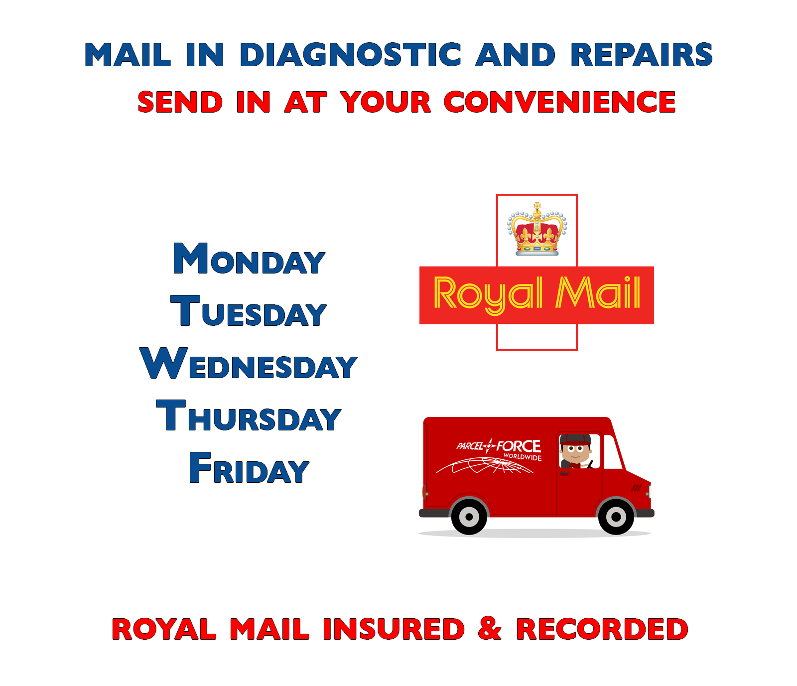 This image displays the opening times and mail in services for www.iRefab.co.uk