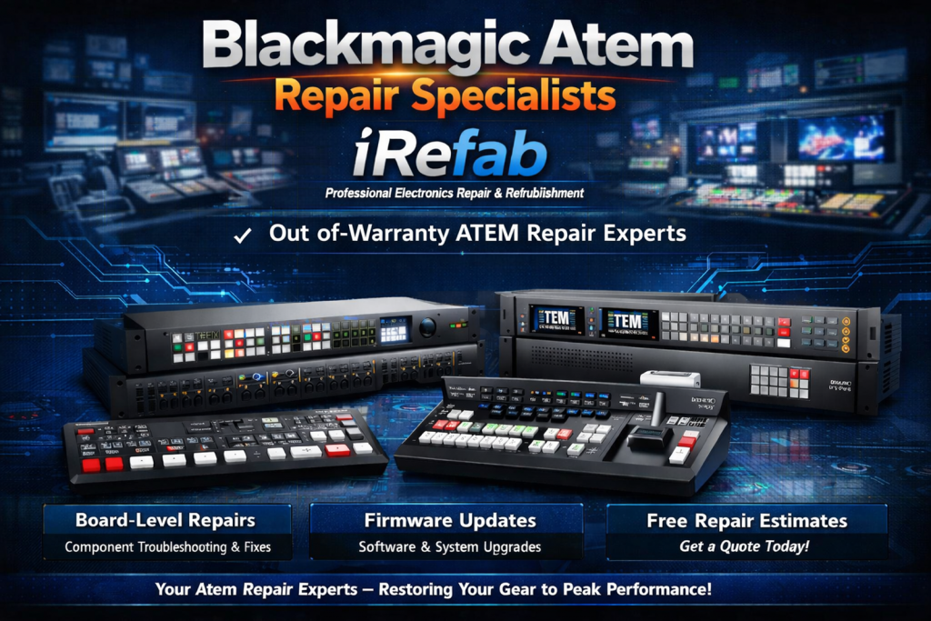 This image describes the Blackmagic Atem repair services available at www.iRefab.co.uk