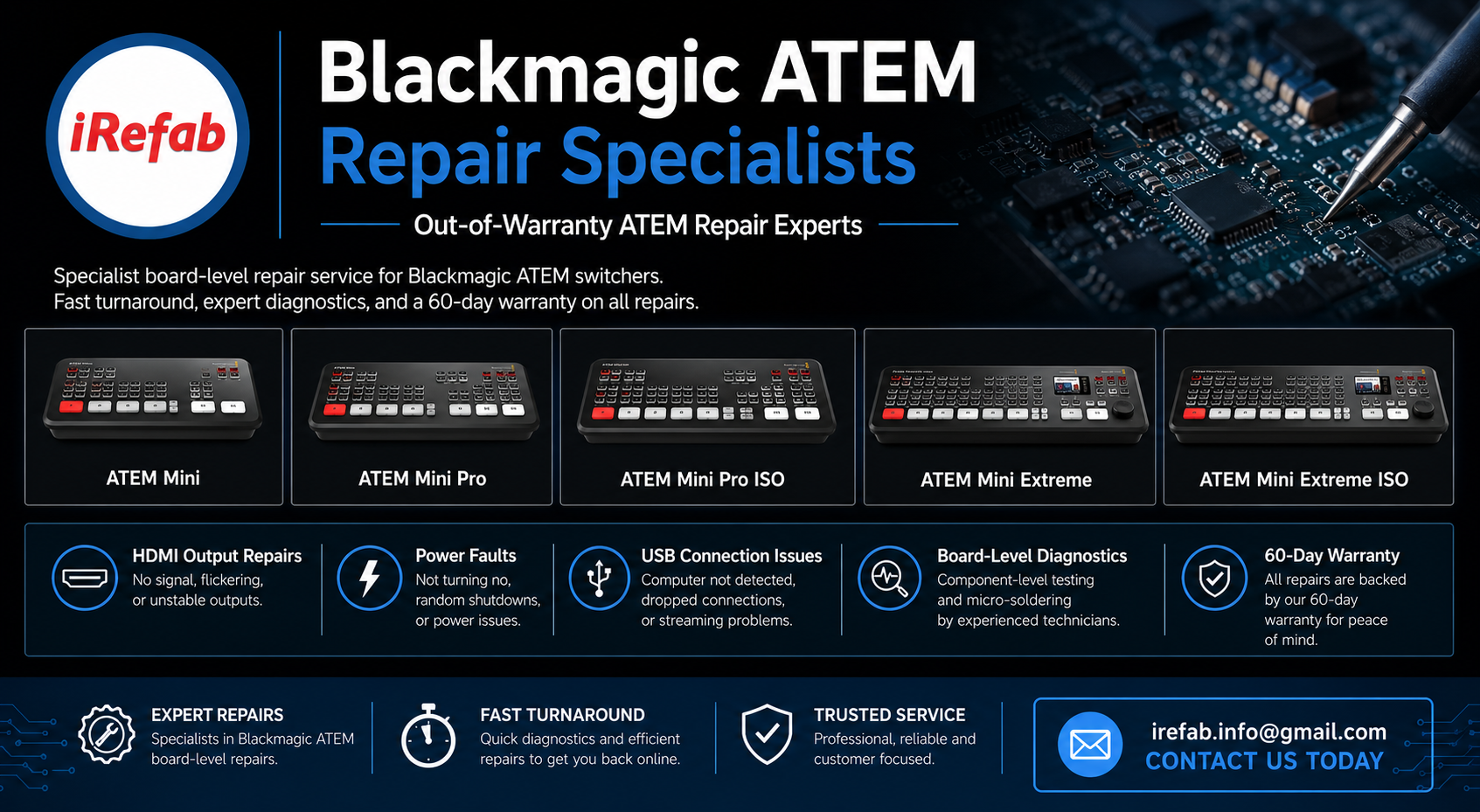 This image describes the Blackmagic Atem repair services available at www.iRefab.co.uk